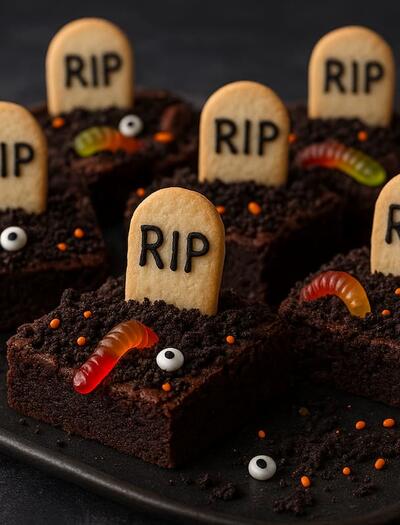 Bake a spooky Halloween cannabis brownie with fudgy chocolate, Oreo “grave dirt,” and gummy worms — perfectly dosed pot edible for a chilling festive treat.