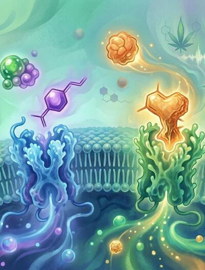 Representación artística y vibrante de moléculas de terpenos actuando como llaves biológicas que encajan y activan de forma selectiva los receptores cannabinoides CB1 y CB2 en una membrana celular.