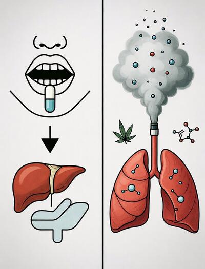Ilustración comparativa de la baja biodisponibilidad de los terpenos de cannabis por vía oral (metabolismo hepático) y por inhalación (dispersión pulmonar) versus la necesidad de llegar a los receptores del dolor.