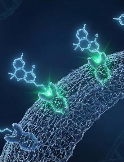 Representación artística y científica de moléculas de THCV interactuando con receptores de la membrana celular, ilustrando el mecanismo bioquímico del control glucémico en pacientes con diabetes.