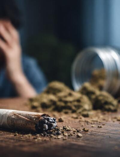 A broken cannabis joint on a wooden table with spilled marijuana buds and an overturned jar in the foreground, while a stressed person sits blurred in the background, illustrating cannabis withdrawal and the difficulty of quitting long-term marijuana use.