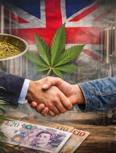 Composite image showing a business handshake set inside a modern brewery with stainless steel tanks. Cannabis leaves and hop pellets appear on one side, while bottles of craft beer line the other, with British pound banknotes in the foreground and a faded Union Jack flag in the background—symbolizing Tilray’s £33 million acquisition of BrewDog’s UK and Irish assets.