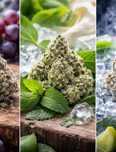 Horizontal triptych image of three premium cannabis buds styled to represent distinct terpene profiles—purple grape-toned buds with fresh grapes on the left, frosty green buds surrounded by mint leaves and ice cubes in the center, and crystal-coated buds with lime wedges and crushed ice on the right—set on a rustic wooden surface with dramatic natural lighting.
