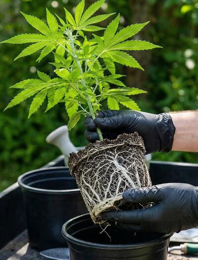 Manos enguantadas sosteniendo un pan de raíces sano y blanco de una planta de cannabis joven durante un trasplante para la temporada de exterior 2026 en España.