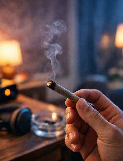 A first-time cannabis user holds a lit joint indoors, surrounded by a cozy evening setting with soft lamps, snacks, headphones, and a vinyl record player, with smoke curling gently in the air.