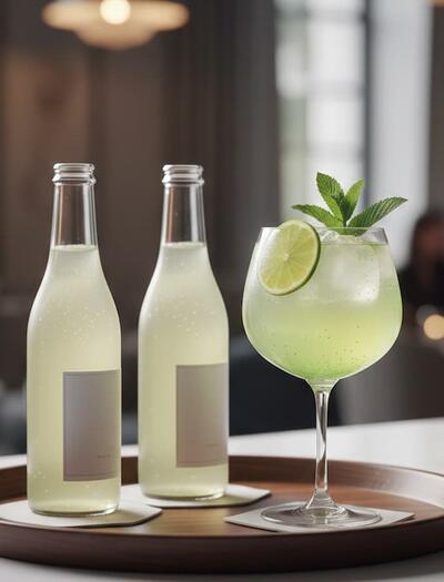 Two sleek, unbranded glass bottles of sparkling light-green beverage and a sophisticated cocktail glass garnished with a lime wheel and mint, displayed on a wooden tray in an upscale, dimly lit lounge.