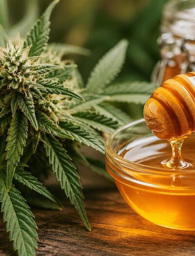 Close-up of cannabis flower next to a glass bowl of golden honey with a wooden dipper dripping honey in warm natural light
