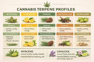 Cannabis terpene profiles infographic showing myrcene, limonene, pinene, linalool, caryophyllene, humulene, and terpinolene, with aroma descriptions and potential effects related to relaxation, focus, mood, and wellness.