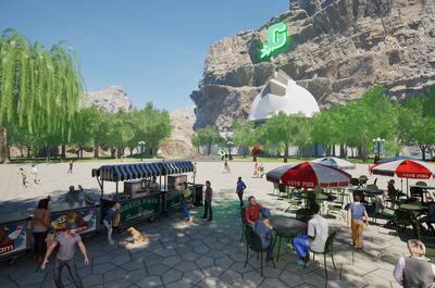  A public square with food trolleys and people interacting on the platform
