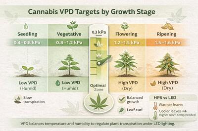 a visual depicting the cannabis VPD targets by growth stage, as explained previously in the article. 
