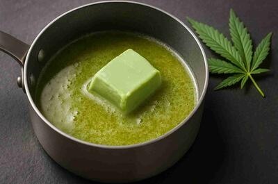 Beurre de cannabis vert pastel en fusion dans une casserole