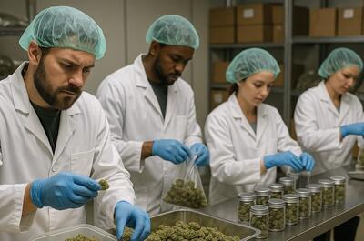 an AI-generated picture of four cannabis workers in white lab coats and blue rubber gloves sorting out cannabis buds in glass jars.