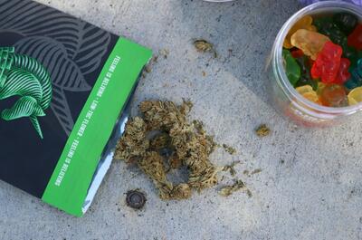 Cannabis flower and gummy edibles displayed outdoors, illustrating different cannabis consumption options commonly chosen for festival settings.