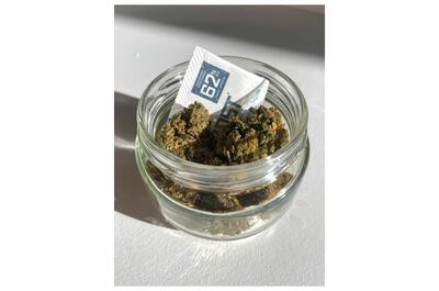 Bolsitas reguladoras de humedad junto a cogollos de marihuana