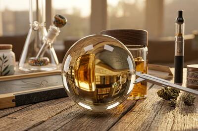 A translucent golden sphere containing high-potency THC distillate resting on a rustic wooden table surrounded by recreational cannabis accessories, including a glass bong, vape pen, tray, and small jar in warm, natural sunlight.