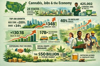 Horizontal infographic illustrating the economic impact of cannabis legalization in the United States, highlighting cannabis job growth, 425,000 industry jobs, $30.1 billion in 2024 sales, a $34 billion 2025 forecast, $7+ billion in cannabis tax revenue, top job growth in New York and Ohio, expansion of ancillary cannabis roles, social equity programs, expungement efforts, and the projected $50 billion cannabis market.