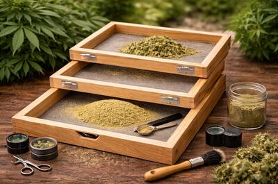 Dry sift kief extraction setup with stacked wooden screening trays, cannabis trim, and collected trichome crystals, illustrating manual hash production.
