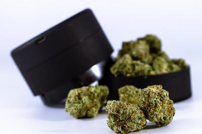an image of high-quality green cannabis buds in a black grinder.