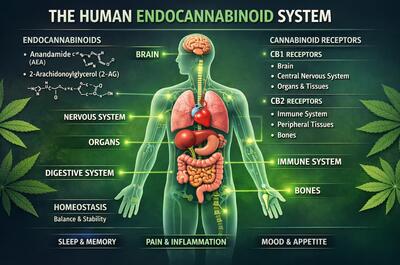 Illustration of the human endocannabinoid system showing a translucent full-body figure with highlighted organs, brain, nervous system, immune system, digestive tract, and bones, connected by glowing lines that represent cannabinoid receptors and signaling pathways involved in balance, pain, mood, sleep, and immunity.