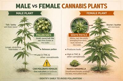 Side-by-side infographic comparing male and female cannabis plants, highlighting pistils and bud production in females versus pollen sacs and taller, lankier growth in male plants, with a note on the importance of early identification for sinsemilla cultivation.