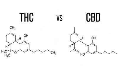 Side-by-side illustration comparing the molecular structures of THC and CBD, highlighting their similar chemical formulas but different molecular shapes.  