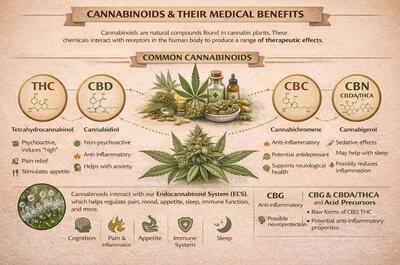 Horizontal educational infographic explaining major cannabinoids including THC, CBD, CBC, CBN, and acidic cannabinoids (THCA, CBDA), with brief descriptions of their medical applications such as pain relief, anti-inflammatory effects, seizure control, sleep support, and appetite stimulation, centered around a detailed cannabis plant illustration.