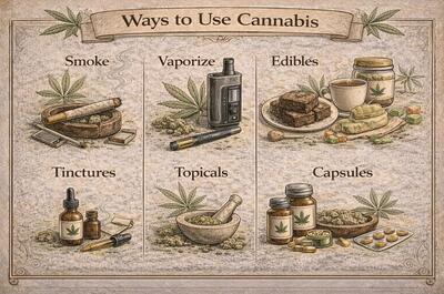 Vintage-style infographic titled “Ways to Use Cannabis” displaying six illustrated consumption methods—Smoke, Vaporize, Edibles, Tinctures, Topicals, and Capsules—arranged in two rows on a parchment-style background with decorative botanical details.