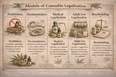 Vintage-style infographic titled “Models of Legalization” showing five cannabis policy frameworks—Prohibition, Decriminalization, Medical Legalization, Adult-Use Legalization, and Rescheduling—displayed in columns with illustrated icons and concise explanatory descriptions beneath each heading.