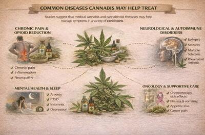 Horizontal infographic titled “Common Diseases Cannabis May Help Treat,” featuring a central cannabis plant surrounded by illustrated sections: Chronic Pain & Opioid Reduction (chronic pain, inflammation, neuropathy), Neurological & Autoimmune Disorders (epilepsy, seizures, multiple sclerosis, rheumatoid arthritis), Mental Health & Sleep (anxiety, PTSD, insomnia, depression), and Oncology & Supportive Care (chemotherapy side effects, nausea, appetite loss, cancer pain).
