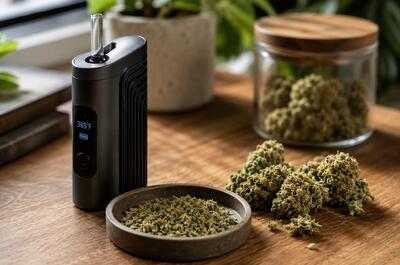 Close-up of a dry herb vaporizer standing on a wooden table beside ground cannabis flower and several cured buds, with a glass jar of cannabis blurred in the background.